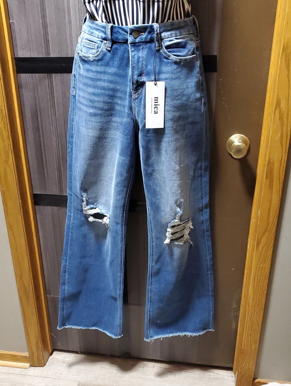 Mica Distressed Mid-Rise Wide-Leg Jeans — Blue